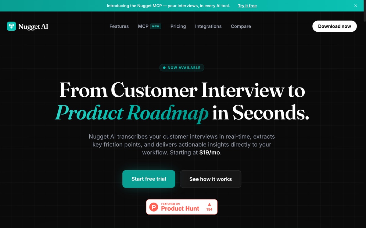 Nugget AI landing page — “From Customer Interview to Product Roadmap in Seconds.”